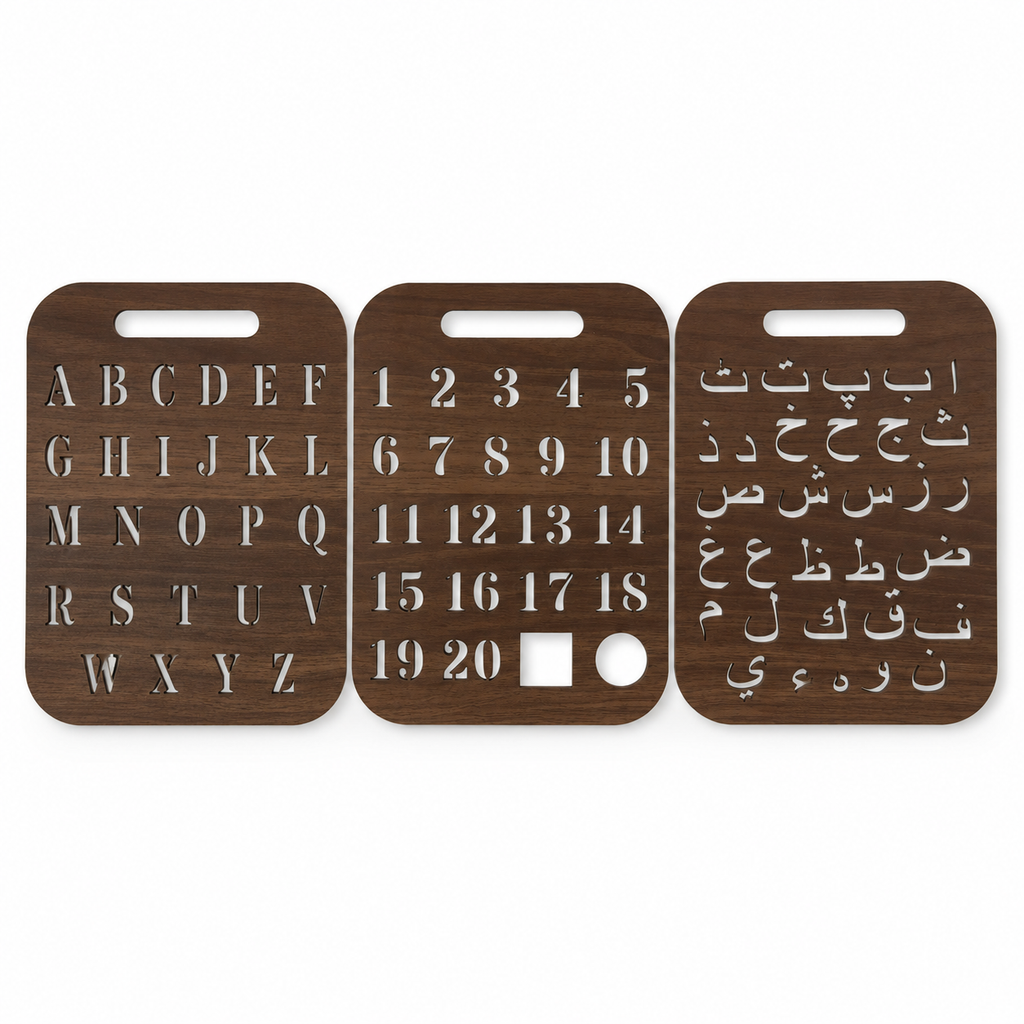 3-Piece Wooden Alphabet, Number & Urdu Stencil Set Plus 5 Markers