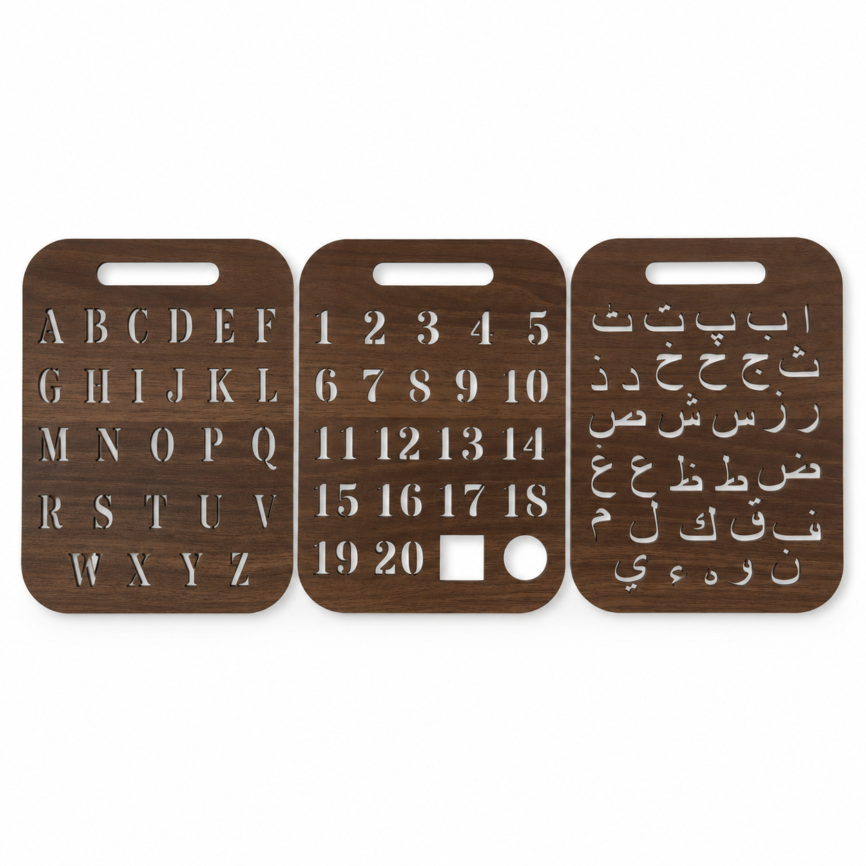 3-Piece Wooden Alphabet, Number & Urdu Stencil Set